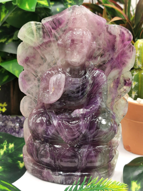 Multicolor Fluorite Buddha - handmade carving of serene and meditating Lord Buddha - crystal/reiki/healing - 6 inches and 695 gms
