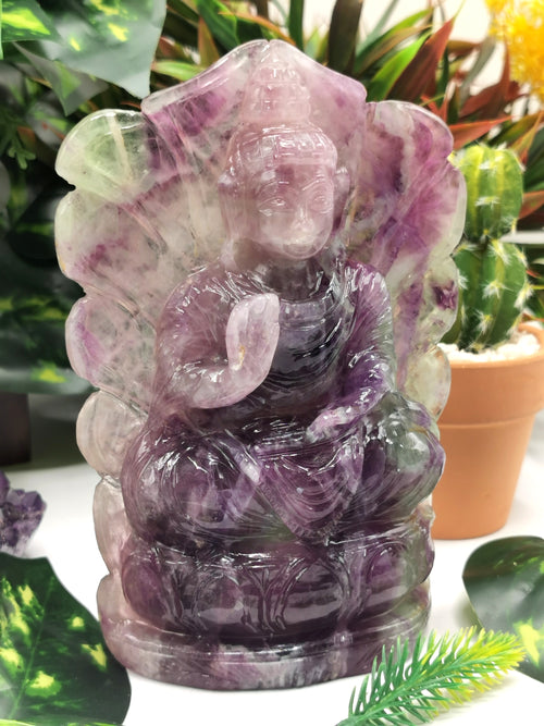Multicolor Fluorite Buddha - handmade carving of serene and meditating Lord Buddha - crystal/reiki/healing - 6 inches and 695 gms