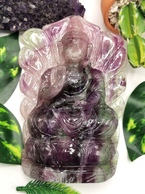 Multicolor Fluorite Buddha - handmade carving of serene and meditating Lord Buddha - crystal/reiki/healing - 6 inches and 695 gms