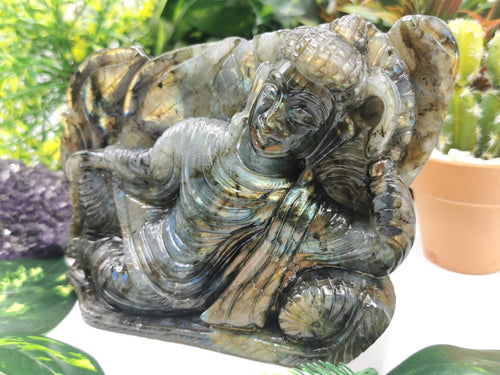 Labradorite Buddha in parinirvana position - handmade carving of serene Lord Buddha - crystal/reiki/healing - 7 inches and 1.13 kg
