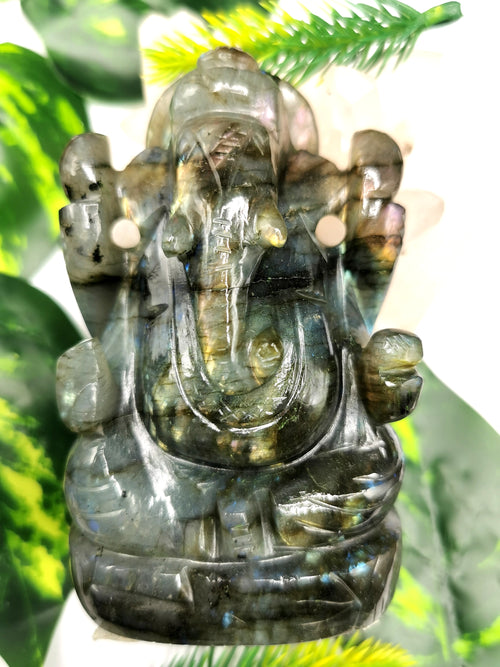 Labradorite Crystal Handmade Carving of Ganesh with blue flash - Lord Ganesha Idol | Figurine in Crystals and Gemstones - 4 inches and 350 gms