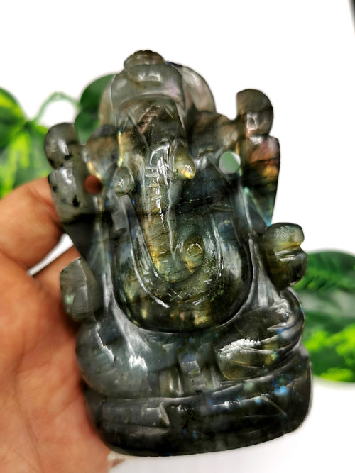 Labradorite Crystal Handmade Carving of Ganesh with blue flash - Lord Ganesha Idol | Figurine in Crystals and Gemstones - 4 inches and 350 gms