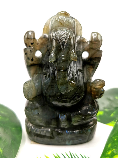 Labradorite Crystal Handmade Carving of Ganesh with blue flash - Lord Ganesha Idol | Figurine in Crystals and Gemstones - 4 inches and 350 gms
