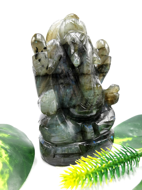 Labradorite Crystal Handmade Carving of Ganesh with blue flash - Lord Ganesha Idol | Figurine in Crystals and Gemstones - 4 inches and 350 gms