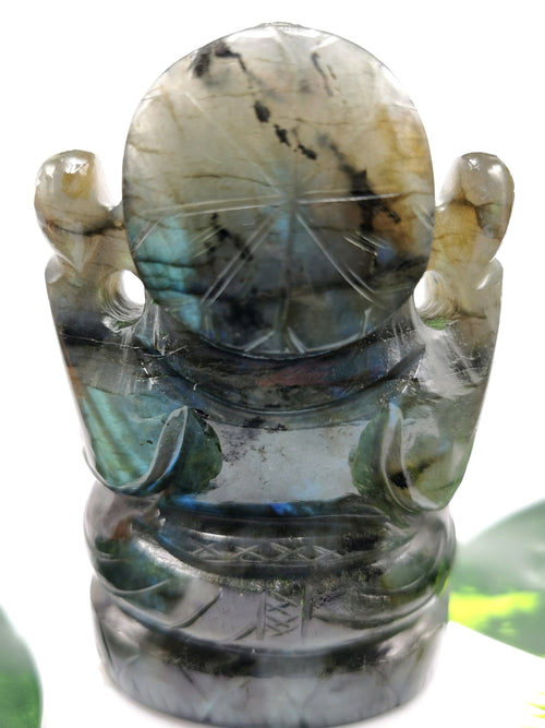 Labradorite Crystal Handmade Carving of Ganesh with blue flash - Lord Ganesha Idol | Figurine in Crystals and Gemstones - 4 inches and 350 gms