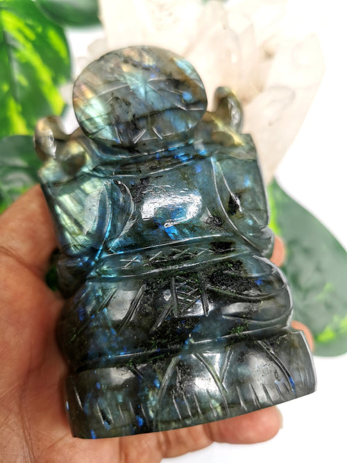 Labradorite Crystal Handmade Carving of Ganesh with blue flash - Lord Ganesha Idol | Figurine in Crystals and Gemstones - 4 inches and 350 gms