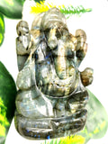 Labradorite Crystal Handmade Carving of Ganesh with blue flash - Lord Ganesha Idol | Figurine in Crystals and Gemstones - 4 inches and 350 gms
