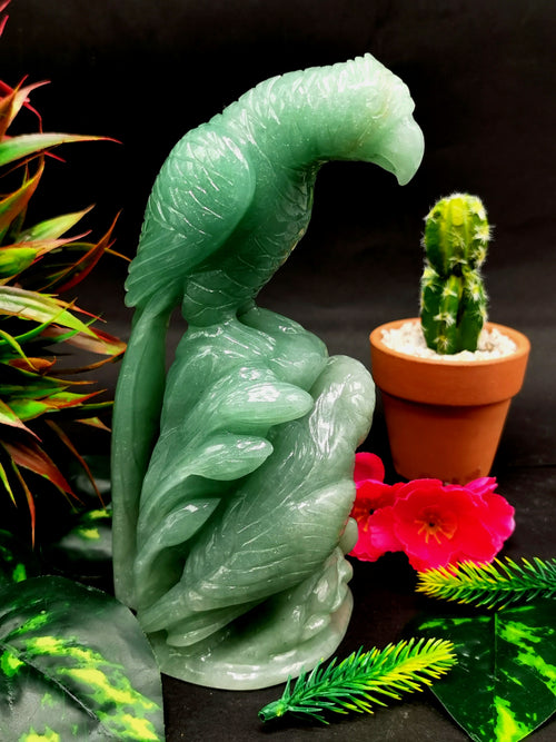 Green Aventurine Parrot Pair handmade gemstone lapidary art - 7 inches and 1050 gms (2.3 lb) - animal carving