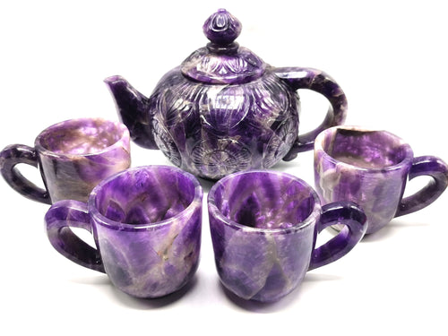 Amethyst tea set - exquisite carving of a tea kettle and 4 tea cups in amethyst - crystal and gemstone carving home decor