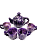 Amethyst tea set - exquisite carving of a tea kettle and 4 tea cups in amethyst - crystal and gemstone carving home decor