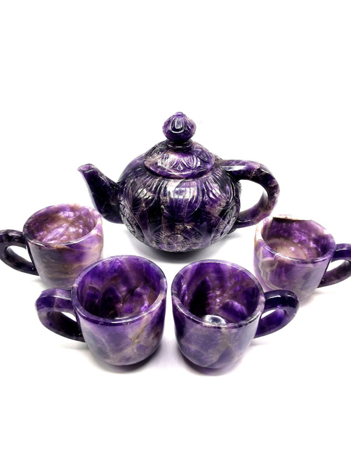 Amethyst tea set - exquisite carving of a tea kettle and 4 tea cups in amethyst - crystal and gemstone carving home decor