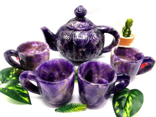 Amethyst tea set - exquisite carving of a tea kettle and 4 tea cups in amethyst - crystal and gemstone carving home decor