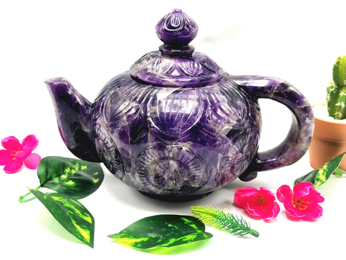 Amethyst tea set - exquisite carving of a tea kettle and 4 tea cups in amethyst - crystal and gemstone carving home decor