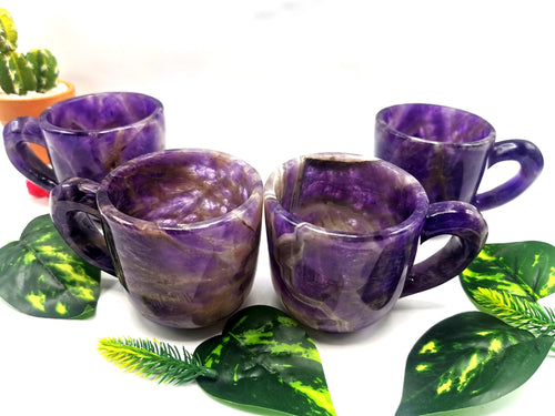 Amethyst tea set - exquisite carving of a tea kettle and 4 tea cups in amethyst - crystal and gemstone carving home decor
