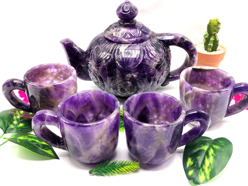 Amethyst tea set - exquisite carving of a tea kettle and 4 tea cups in amethyst - crystal and gemstone carving home decor
