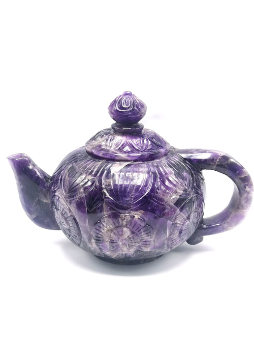 Amethyst tea set - exquisite carving of a tea kettle and 4 tea cups in amethyst - crystal and gemstone carving home decor