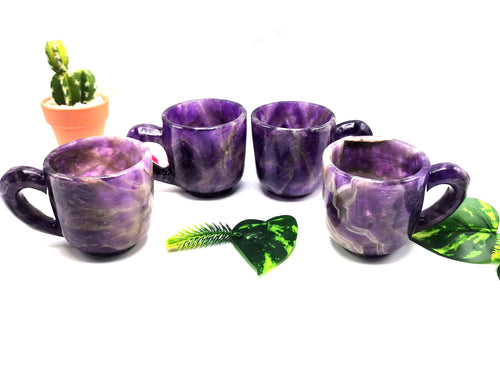Amethyst tea set - exquisite carving of a tea kettle and 4 tea cups in amethyst - crystal and gemstone carving home decor