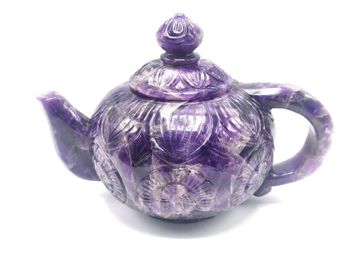 Amethyst tea set - exquisite carving of a tea kettle and 4 tea cups in amethyst - crystal and gemstone carving home decor