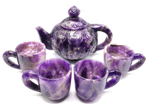 Amethyst tea set - exquisite carving of a tea kettle and 4 tea cups in amethyst - crystal and gemstone carving home decor