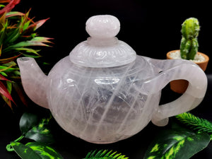 Rose quartz tea set - exquisite carving of a tea kettle and 4 tea cups in rose quartz - crystal and gemstone carving home decor