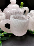 Rose quartz tea set - exquisite carving of a tea kettle and 4 tea cups in rose quartz - crystal and gemstone carving home decor