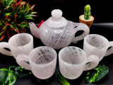 Rose quartz tea set - exquisite carving of a tea kettle and 4 tea cups in rose quartz - crystal and gemstone carving home decor
