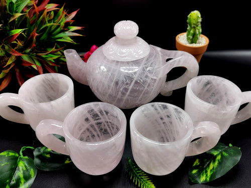 Rose quartz tea set - exquisite carving of a tea kettle and 4 tea cups in rose quartz - crystal and gemstone carving home decor