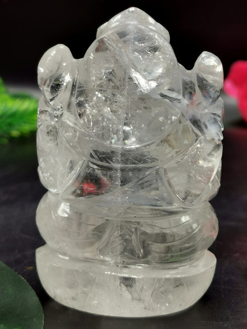 Ganesh statue in Clear Quartz Handmade Carving - Ganesha Idol |Sculpture in Crystals and Gemstones -2.5 inches and 105 gms - ONE STATUE ONLY