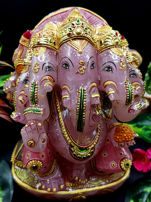 Rose Quartz Handmade handpainted carving of Panchmukhi Ganesh - Lord Ganesha Idol | Sculpture - Reiki/Chakra/Healing - 8.5 in and 6.3 kg