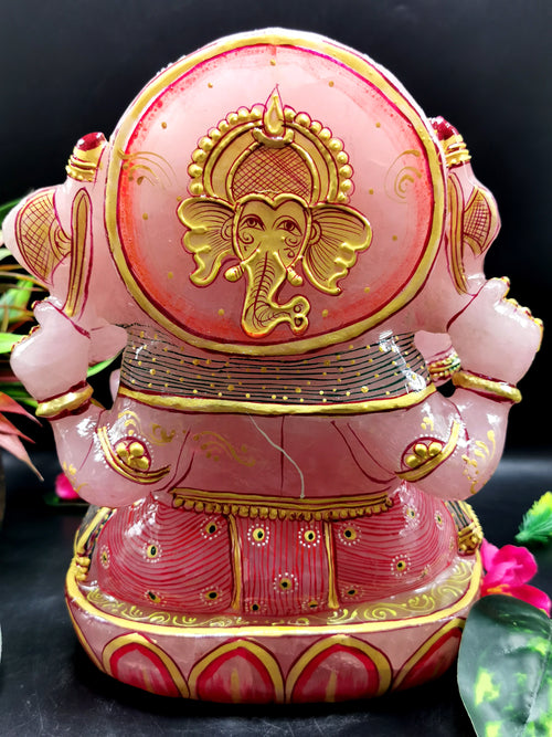Rose Quartz Handmade handpainted carving of Panchmukhi Ganesh - Lord Ganesha Idol | Sculpture - Reiki/Chakra/Healing - 8.5 in and 6.3 kg