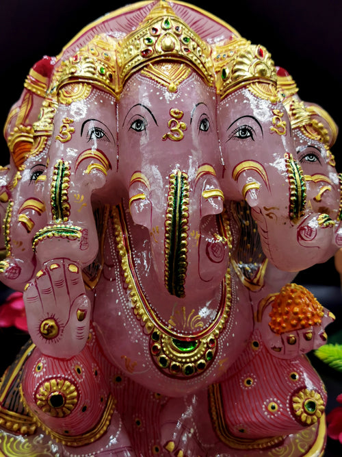 Rose Quartz Handmade handpainted carving of Panchmukhi Ganesh - Lord Ganesha Idol | Sculpture - Reiki/Chakra/Healing - 8.5 in and 6.3 kg