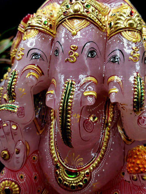 Rose Quartz Handmade handpainted carving of Panchmukhi Ganesh - Lord Ganesha Idol | Sculpture - Reiki/Chakra/Healing - 8.5 in and 6.3 kg
