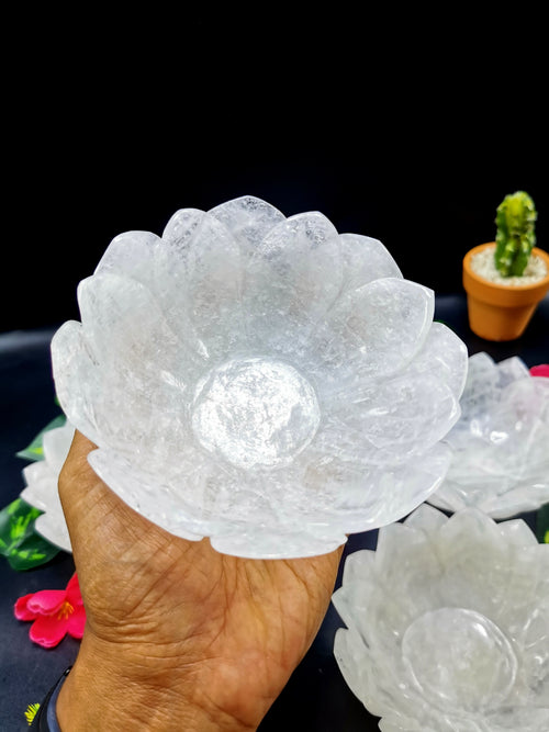 Beautiful white quartz hand carved lotus bowls - 5 inches diameter and 370 gms (0.82 lb) - ONE BOWL ONLY