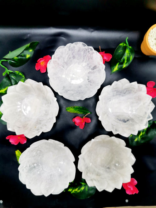 Beautiful white quartz hand carved lotus bowls - 5 inches diameter and 370 gms (0.82 lb) - ONE BOWL ONLY
