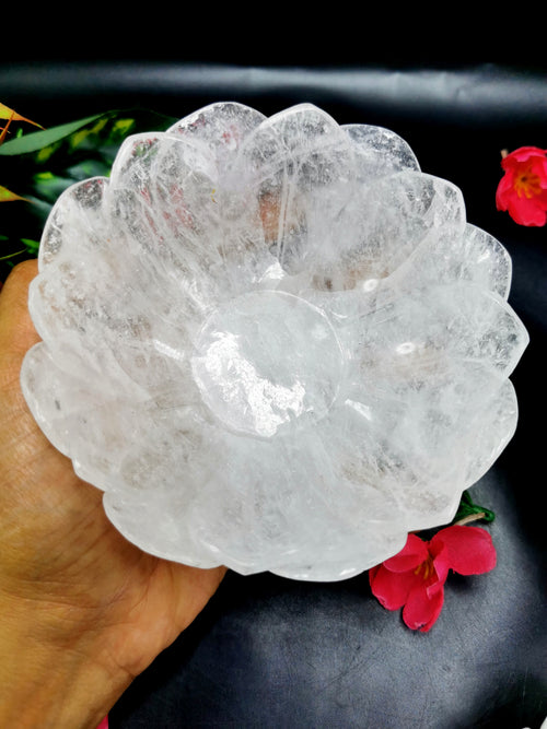 Beautiful white quartz hand carved lotus bowls - 5 inches diameter and 370 gms (0.82 lb) - ONE BOWL ONLY
