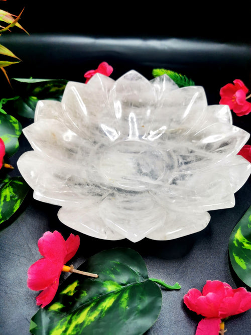 Lotus Bowl hand carved in White Quartz - 7 inches diameter and 600 gms (1.32 lb) - ONE BOWL ONLY