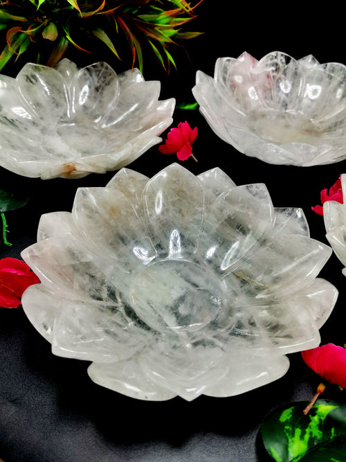 Lotus Bowl hand carved in White Quartz - 7 inches diameter and 600 gms (1.32 lb) - ONE BOWL ONLY