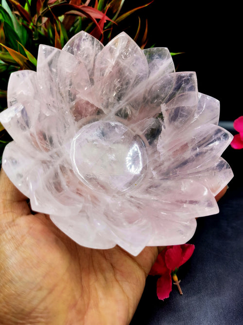 Beautiful rose quartz hand carved lotus bowls - 5 inches diameter and 325 gms (0.72 lb) - ONE BOWL ONLY