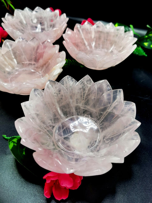 Beautiful rose quartz hand carved lotus bowls - 5 inches diameter and 325 gms (0.72 lb) - ONE BOWL ONLY