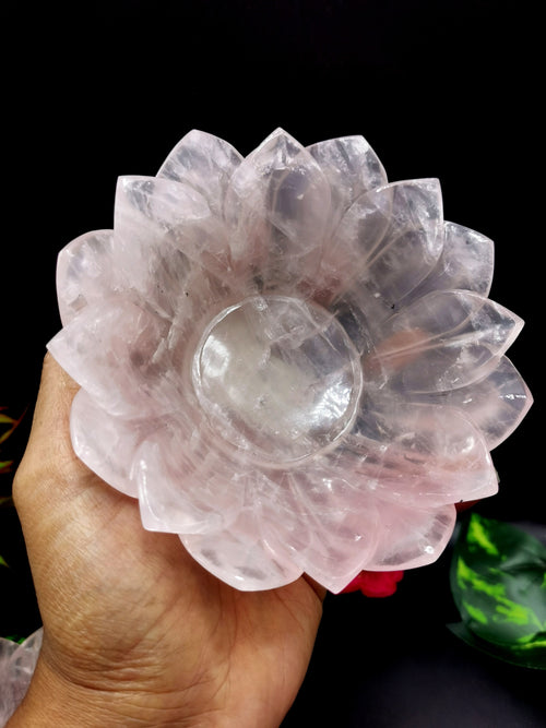 Beautiful rose quartz hand carved lotus bowls - 5 inches diameter and 325 gms (0.72 lb) - ONE BOWL ONLY