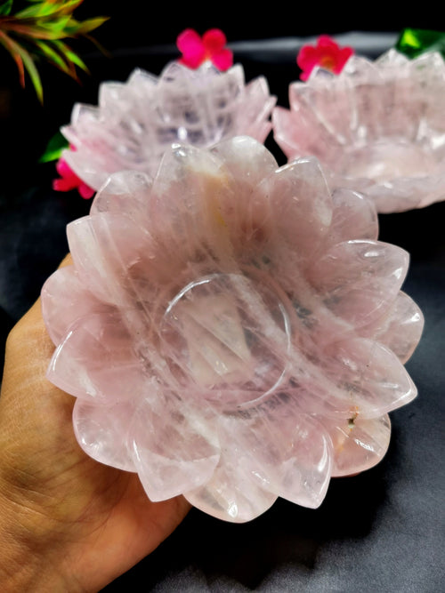 Beautiful rose quartz hand carved lotus bowls - 5 inches diameter and 325 gms (0.72 lb) - ONE BOWL ONLY