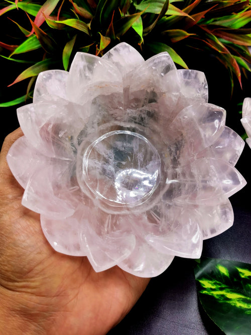 Beautiful rose quartz hand carved lotus bowls - 5 inches diameter and 325 gms (0.72 lb) - ONE BOWL ONLY