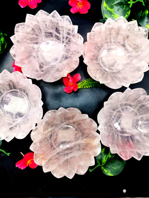 Beautiful rose quartz hand carved lotus bowls - 5 inches diameter and 325 gms (0.72 lb) - ONE BOWL ONLY