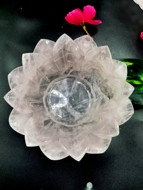 Beautiful rose quartz hand carved lotus bowls - 5 inches diameter and 325 gms (0.72 lb) - ONE BOWL ONLY