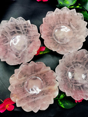 Beautiful rose quartz hand carved lotus bowls - 5 inches diameter and 325 gms (0.72 lb) - ONE BOWL ONLY