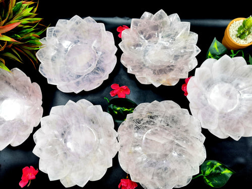 Beautiful rose quartz hand carved lotus bowls - 7 inches diameter and 600 gms (1.3 lb) - ONE BOWL ONLY