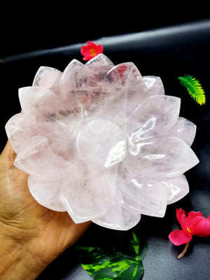 Beautiful rose quartz hand carved lotus bowls - 7 inches diameter and 600 gms (1.3 lb) - ONE BOWL ONLY