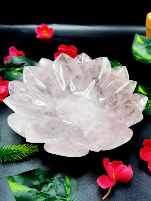 Beautiful rose quartz hand carved lotus bowls - 7 inches diameter and 600 gms (1.3 lb) - ONE BOWL ONLY