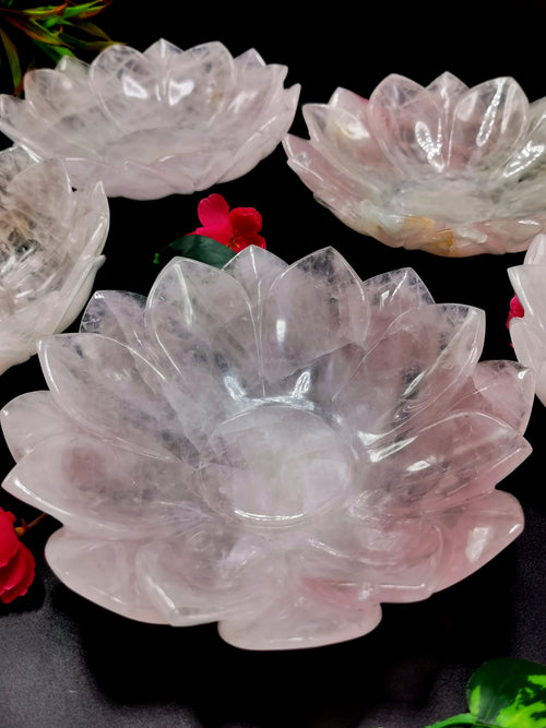 Beautiful rose quartz hand carved lotus bowls - 7 inches diameter and 600 gms (1.3 lb) - ONE BOWL ONLY