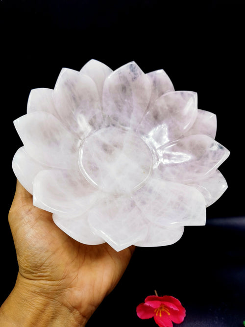 Beautiful rose quartz hand carved lotus bowls - 7 inches diameter and 600 gms (1.3 lb) - ONE BOWL ONLY